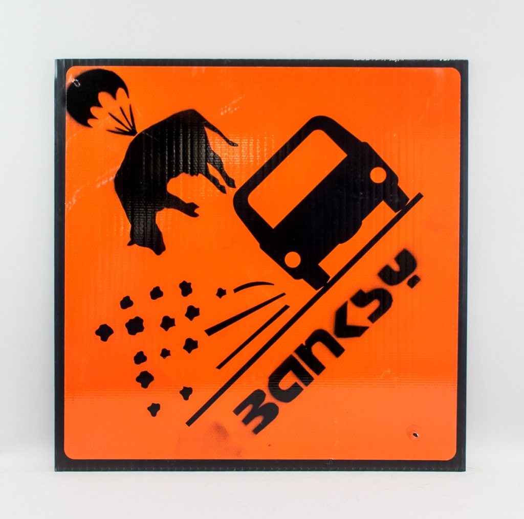 British Square Sign Pig Parachute Signed Banksy
