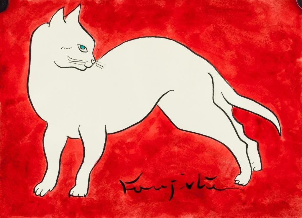 Leonard Foujita Japanese Mixed Media on Paper Cat